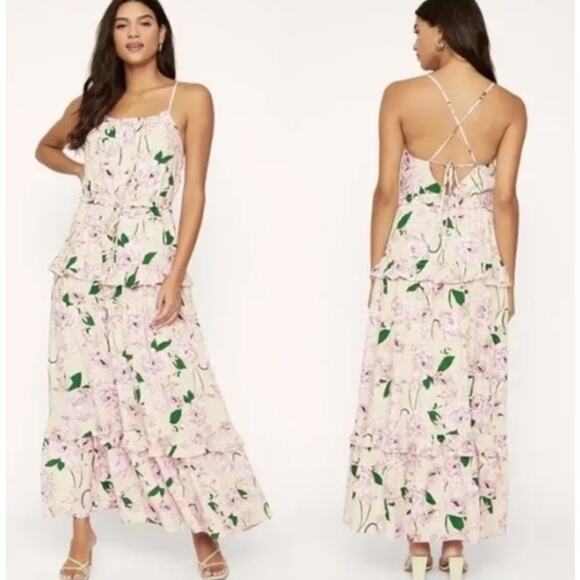 Lost + Wander Flowy Hawaiian Rose Pink Tiered Tie-Back Halter Maxi Dress, Sz Med - Picture 1 of 10